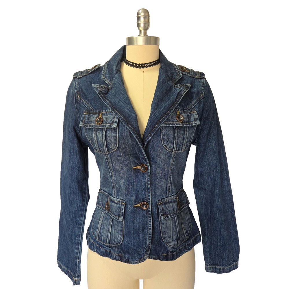 Vintage Y2K Denim Jacket Blazer Size S Star Jeans Button Front Fitted Waist
